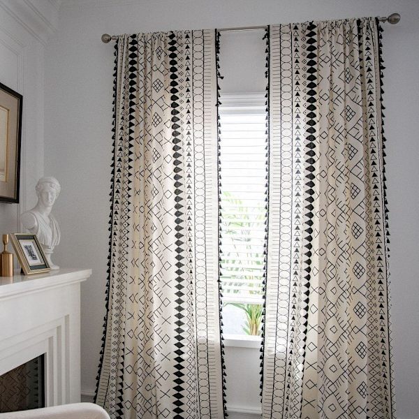 Boho Bomulls- og Lintegritygardin Amerikansk Duskelavslutning Svart og Hvit Trykte Gardiner for Stue Soverom Kjøkken Hjemmetekstil KC40 W150xL220cm
