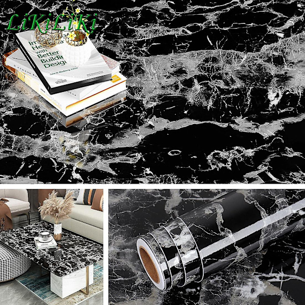 Itseliimautuva marmoritapetti, kuori ja kiinnitä -tarrat, marmori vaalea musta 40cm x 2m Marble Light Black 40cm x 2m