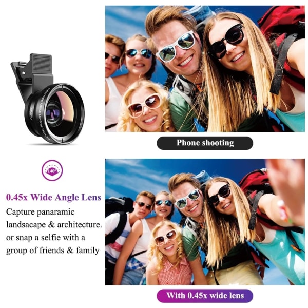 TOKOHANSUN telefonlinssats 0,45x Supervidvinkel &amp; 12,5x Super Macro Lens HD Camera Lentes för iPhone 6S 7 Xiaomi All Cellphone Black