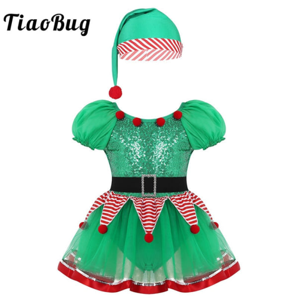 Flickor Paljett Tutu Julklänning Tomtens Alv Kostym Småbarn Grön Festlig Balett Dansdräkt Fancy Party Klänning Green