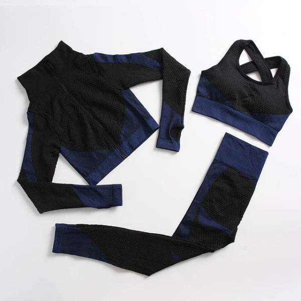 Yoga Set Workout gym kläder fitness för träningsoverall för kvinnor 3 Pcs set black blue S