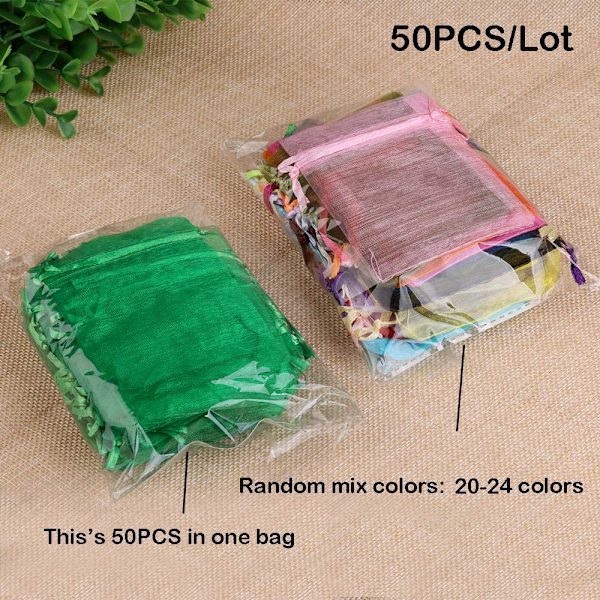 50 st/lot Organzapåsar för smycken 24 färger Dragskopåsar för bröllop Julgodis Presentpåsar Smyckesförpackning Fuchsia 7x9cm