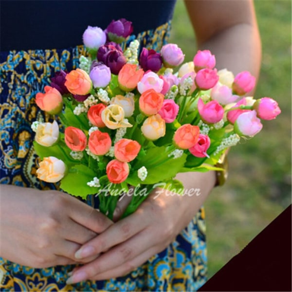 Höst 15 Huvuden/Bukett Små Knopprosor Högblad Konstgjord Blomma Sidenros DIY Bröllop Hem Juldekor Blommor Ros Presenter A White