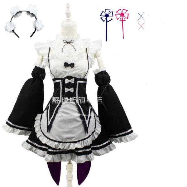 Ram/Rem Cosplay Re:zero Kara Hajimeru Isekai Seikatsu musta sininen punainen asu piika palvelijatar mekko package 5 XL