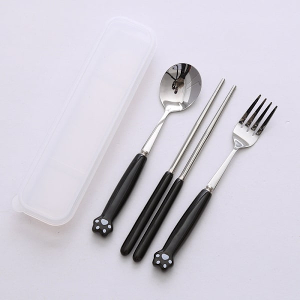 Kissankäpälä Astiasto Keraaminen Ruostumaton Teräs Astiasto Syömäpuikot Lusikka Haarukka Kannettava Astiasto Green Cat's Paw three-piece set