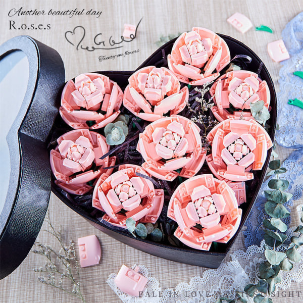 Vaaleanpunainen ruusu MOC rakennuspalikat Lelut Ystävänpäivä DIY Tiilipaketti Lahja pariskunnalle Rakkauden julistus Kielen kukka Ensimmäinen rakkaus only flower 6Pcs1