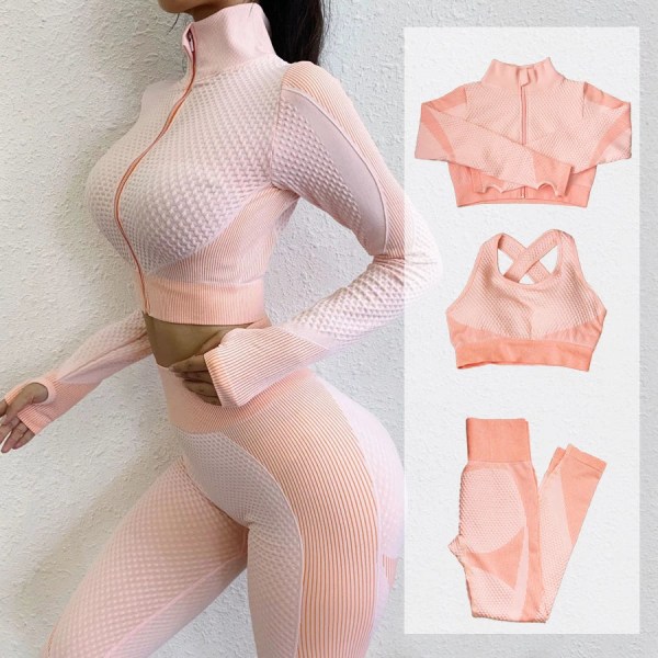 Yoga Set Långärmad Tröja+Sport-BH+Sömlösa Leggings Träningskläder Löpning Gymkläder 3pcs pink M