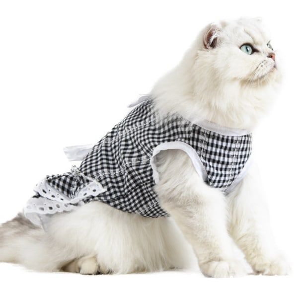 Husdjurskläder Vår och sommar Kattkläder Spets Tartan kjol Tartan skirt-black and white plaid M