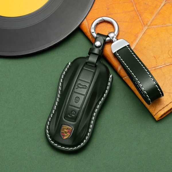 För Porsche Cayenne Taycan Nyckelskydd Panamera Macan718/911 Bilnyckel Skyddsskal Äkta Läder Väska Brown leather hanging buckle