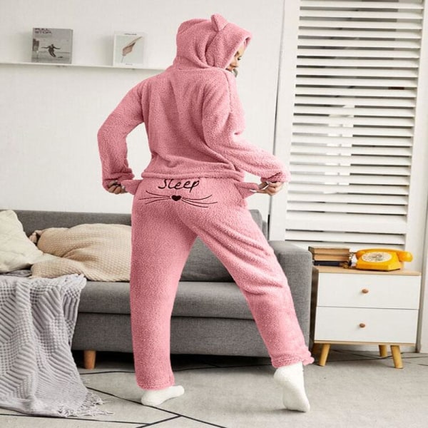 Yöpaidat Yksivärinen Lämmin Pyjamasetti Pitkähihaiset Topit+ Housut Kaksiosainen Söpö Kissan Kuva Hupullinen Nukkumapyjama Huppari Blue XL