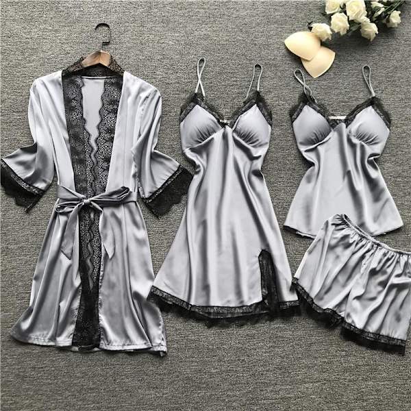 Ny Svart Spets Mode Kvinnor Sovkläder Med Bröstkudde Nattlinne Kort Kofta Set Pyjamas Gray XL