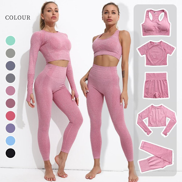 Yoga Sæt Sømløs Langærmet Crop Top Højtaljede Gym Fitness Leggings Til Kvinder ShortsSet-Wine L