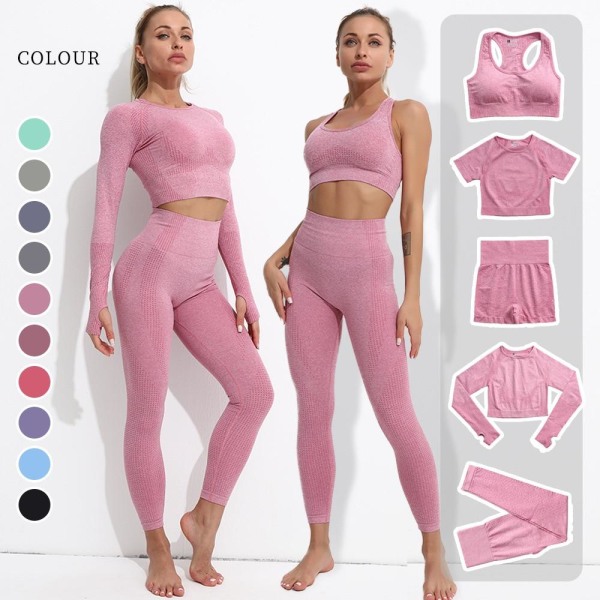 Yoga Sæt Sømløs Langærmet Crop Top Højtaljede Gym Fitness Leggings Til Kvinder ShortsSet-Wine M