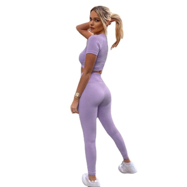 Yoga Gym Set Toppar T-shirt BH Leggings Sportset för Kvinnor Purple S