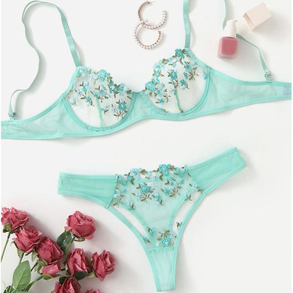 Aduloty Sexiga underkläder för kvinnor Bygel BH Set Sommar Ny Mesh Perspektiv Blommig Spets Broderi Erotiska Underkläder Green L