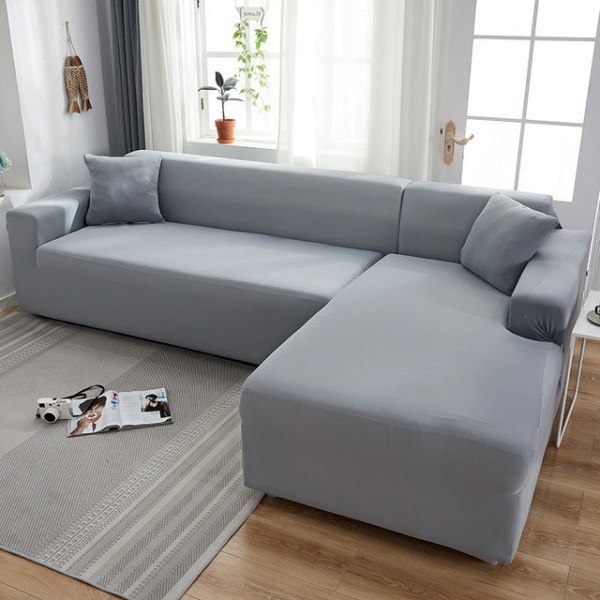 Grått Enfärgat Elastiskt Stretch Sofföverdrag Behöver Beställa 2 Delars Sofföverdrag Om L-stil fundas soffor con chaise longue Fodral för Soffa Light grey 3-seater 190-230cm