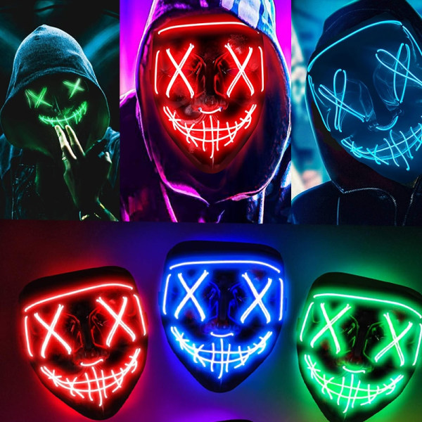 Halloween Neon LED Purge Maske Maskerade Festmasker Lysende I Mørket Sjove Masker Cosplay Kostume Tilbehør 17