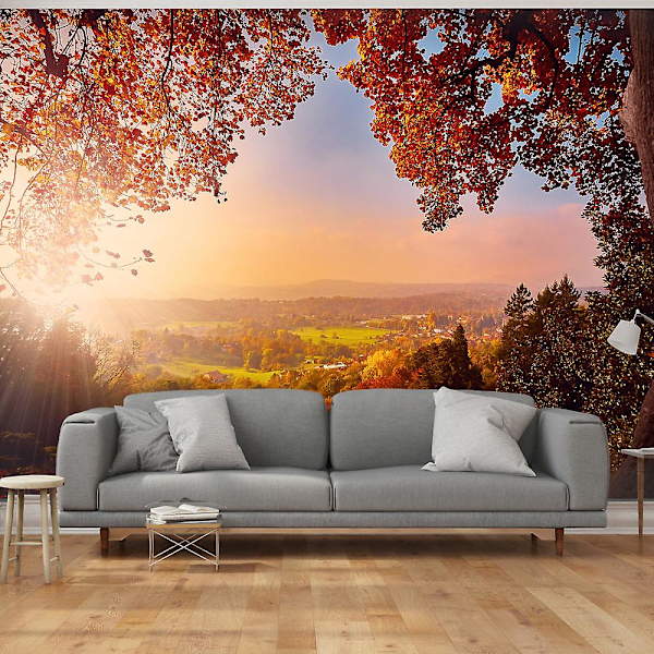 Itseliimautuva seinätarra - Syksyn ilo - aurinkoinen maisema maaseudulla puiden ja peltojen ympäröimänä 98x70 cm 98x70 cm
