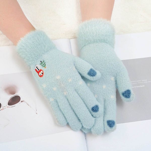 Dam Vinter Varma Handskar Snögubbe Broderi Virkad Yllehandske Pekskärm Mjuka Pälsiga Helfinger Vantar Julklappar A Beige One Size