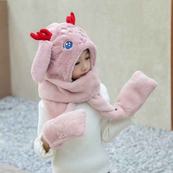 Plyschhalsduk Älgmössa Tredelad koreansk stil Fashionabla varm halsduk Integrerad öronskydd Pink