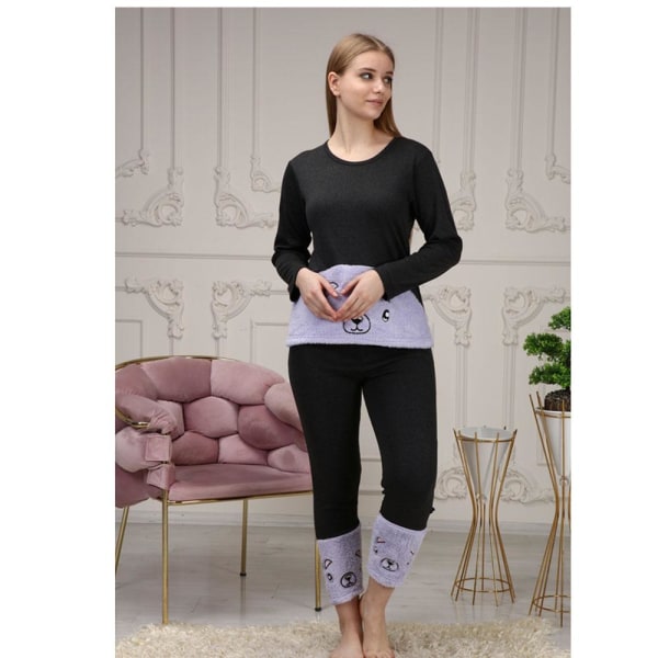Naisten nallekarhu-brodeerattu fleece-pyjamasetti Lilac 40