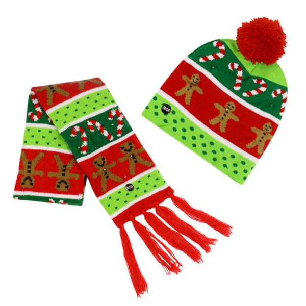 Talvinen joulu -sarjan villapipo LED-valolla, lämmin neulottu hattu ja huivi -setti Snowflake hat Adjustable