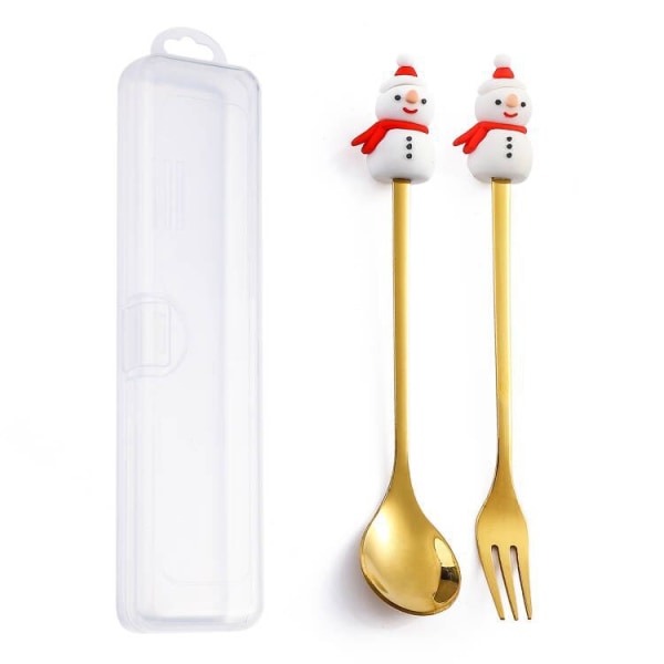 Q Joulu Jälkiruokalusikka-haarukka Setti Söpö Nukkemainen Jälkiruokalusikka Sarjakuva Astiasto Hedelmähaarukka Kannettava Kahvilusikka Rocket gold spoon Fork storage box