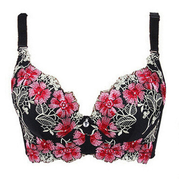 Broderad BH för Kvinnor Sexig Push Up BH C D Kupa Underkläder Black 34C