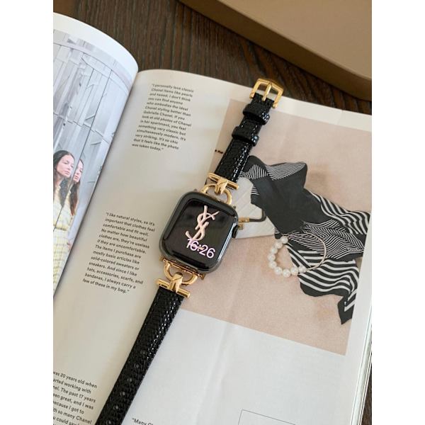 Klockarmband för Apple Watch iWatch 42 10:e generationen svart guld D-format läder