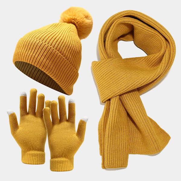 Stickad Mössa Halsduk Handskar Tredelat Utomhus Förtjockad Varm Pälsbollsmössa Beige