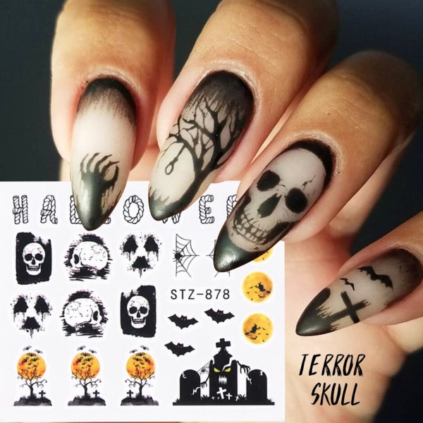 Halloween Serie Negle Klistermærker Sæt Søde Græskar Kranie Transfer Sliders Til Negle Vandmærke Midlertidige Tatoveringer Decals CHSTZ856-879 STZ808-855 19Leopard