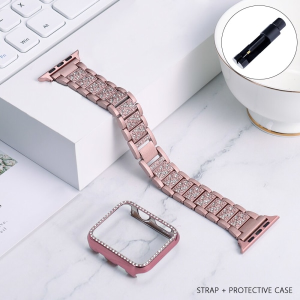 Band + case metallrem för Apple Watch Series 6-rem 40 mm 44 mm diamantring 38 mm 42 mm armband i rostfritt stål iwatch 6SE431 Pink gold 44MM For 5 4