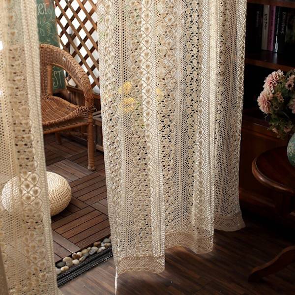 Boho Chic Beige Hæklet Strikkede Gardiner til Soveværelse Bomuld Linned Udhulet Retro Bondehus Terrasse Vinduesgardiner as picture 1pcs W150xH180 cm