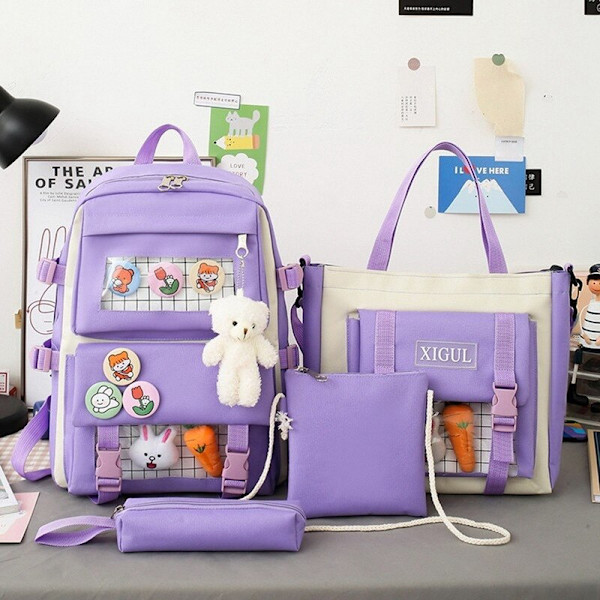 5 stk Sett Ryggsekker For Student Skoleveske For Jenter Multifunksjonelle Skoleryggsekker Håndveske Stor Kapasitet Jenters Pennal 4pcs purple8