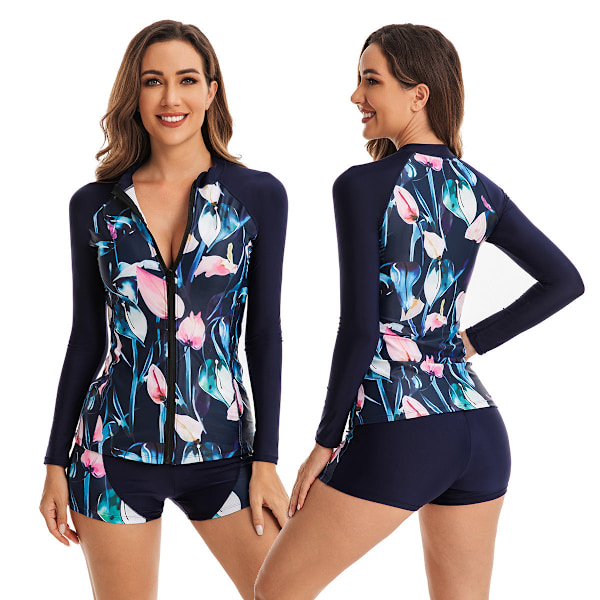 Badedragt Delt Boxer Surfdragt Dame Langærmet Lynlås Cardigan Dame Brun Solbadningstøj Sapphire Blue L