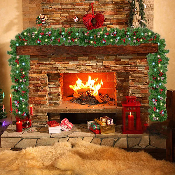 2,7M Jule LED Garland Dekor Krans LED Rattan Garland Dekorativ Grønn Jul Kunstig Juletre Rattan Banner Pinecone RGB LED