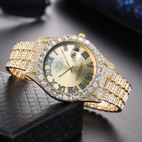 Romersk Skala Stålklocka Herrkalender Kvarts Klocka Stjärnklar Herrklocka Gold shell gold diamond surface