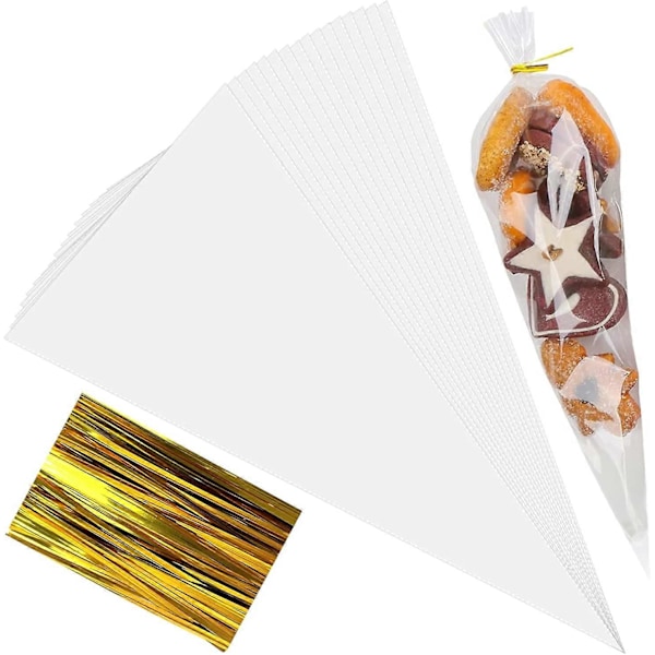 100 stk. kræmmerhusposer Cellofan kræmmerhusposer med 100 twist ties, trekantposer til popcorn slik (6\" X 12\")