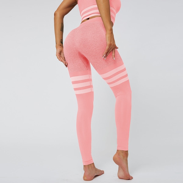 Europeisk och amerikansk sexig persika höft Yogabyxor med hög midja, stickade sömlösa och andningsbara randiga Yoga- fitness för kvinnor 6088 pants-light pink S