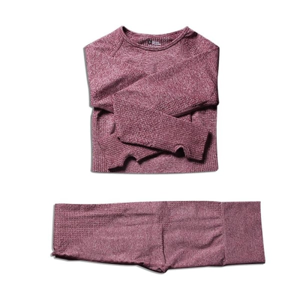 Yoga Set Träning Sportkläder Långärmad Crop Top Hög midja Leggings för kvinnor 2D-pink L