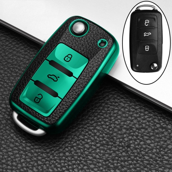 Promotion Läder TPU Case Cover Fob För Polo Tiguan Passat Golf MK Jetta Skoda Kodiaq Superb Octavia Seat B Style green