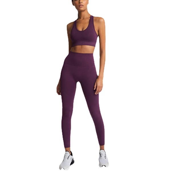 Europeisk och amerikansk enfärgad sömlös stickad höft Yoga Dräkt Tränings Outfit Väst Dräkt Kvinnor 6095 bra set-purplish red L