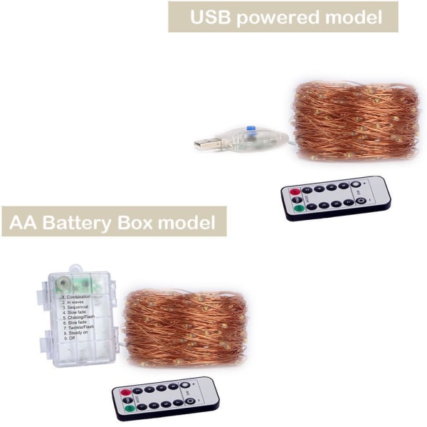 10M 20M LED Ljusslinga Koppartråd Fjärrkontroll USB Batteridriven Girlang Jul Fe Ljus LED För Högtid Bröllop Fest Heminredning Multicolor USB 10M 100led