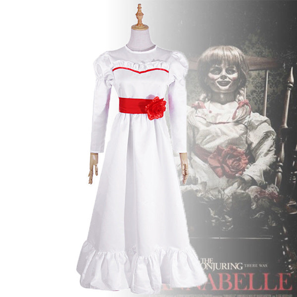 Annabelle-elokuvan cosplay-asu naisille, lapsille ja aikuisille, Halloween-asut ja peruukki, kauhu, pelottava, hieno valkoinen mekko A only wig One Size