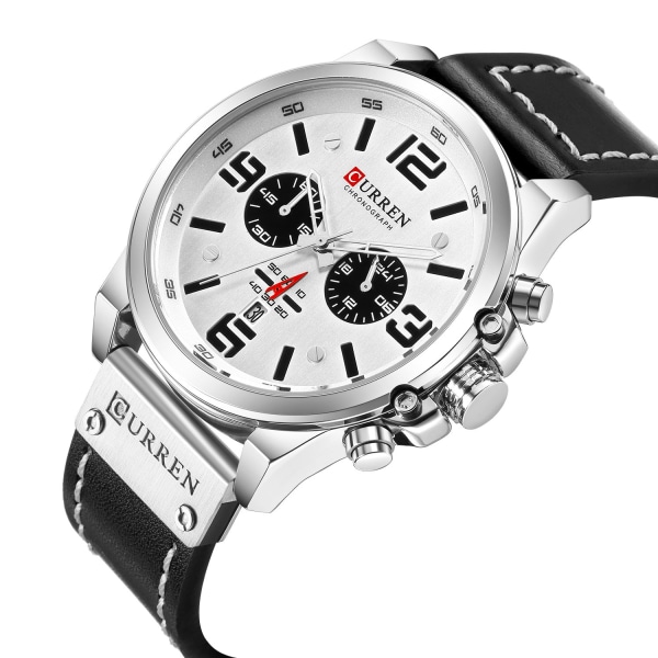 Herrklocka Sport Sex-Pin Kvarts Klocka Kalender Herrklocka Vattentät Läderrem Klocka Black Shell Red