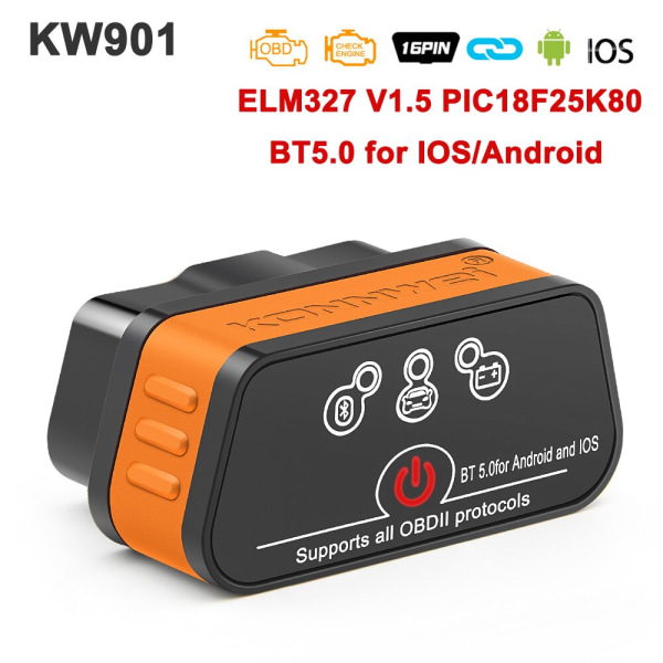 KONNWEI KW901 ELM327 V1.5 PIC18f25k80 Bluetooth 5.0 OBD2 Skanner ELM 327 V1 5 Auto OBD 2 Bil Diagnoseverktøy PK Vgate iCar2 KW901 BT5.0 Black V1.5 PIC18f25k80