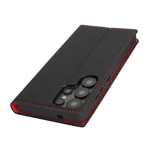 Plånboksfodral i äkta koläder med Litchi-textur för Samsung Galaxy S25 Ultra Black