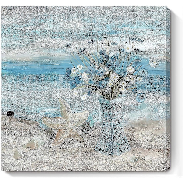 fong sxbd badrumsinredning väggkonst blå strandbild havstema blomma canvastryck modern kustlandskapsmålning