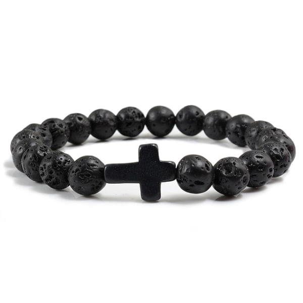 Trendiga Jesus Cross Charm Blå Turkoser Herrarmband Svart Lavasten 8mm Vita Pärlor Armband Armband för Kvinnor Yoga Smycken dark blue