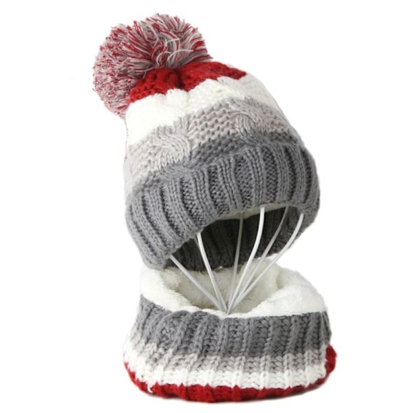 Børne Vinter 2 stk. Kabelstrikket Hue og Halstørklæde Sæt Sød Pompom Kontrastfarve Striber Skull Cap Plysforet Halsvarmer Deep Gray